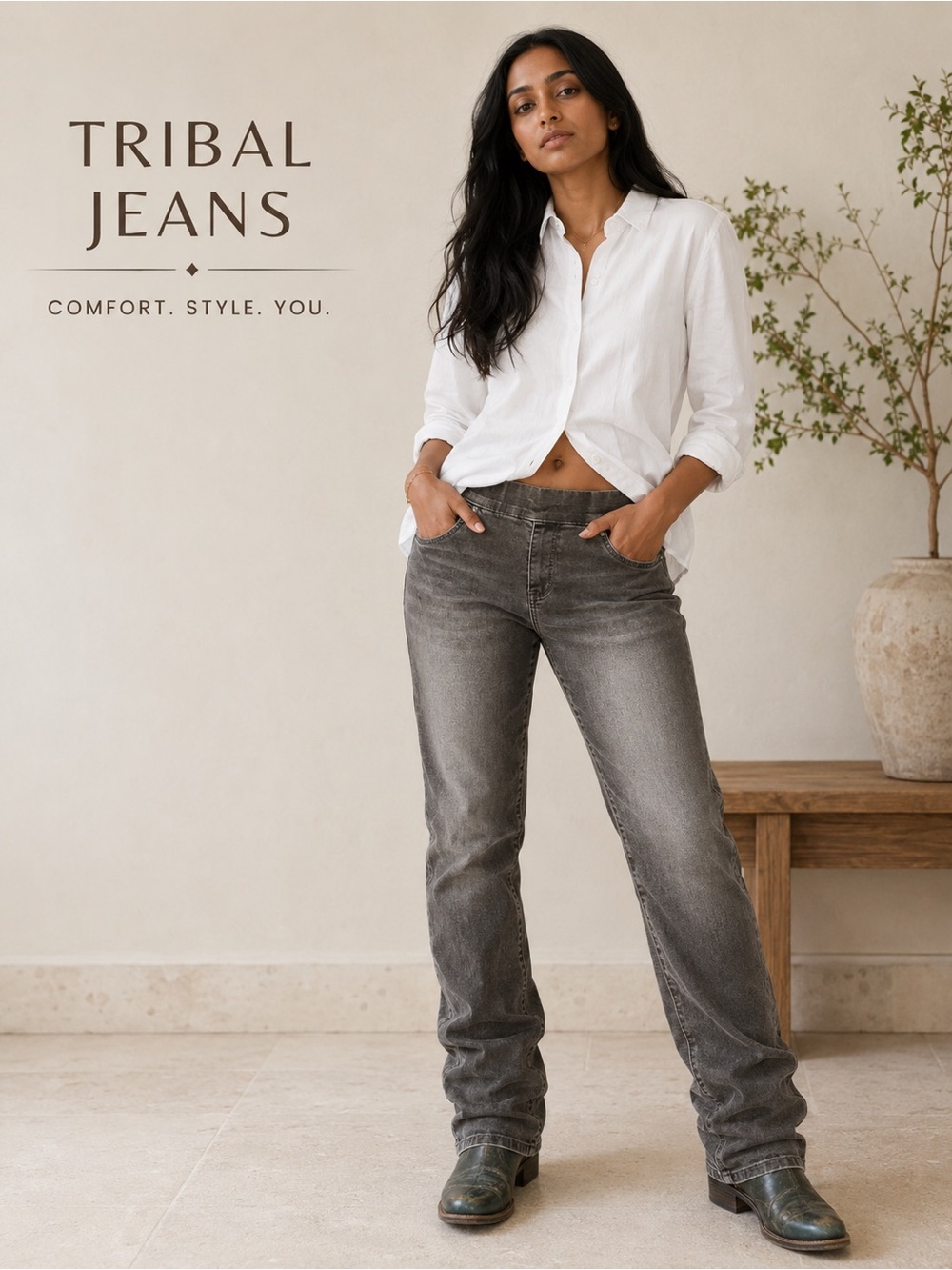 TRIBAL JEANS Women’s Gray Straight Leg Jeans — Classic Everyday Fit - Pull On
